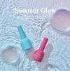 Vibrant neon nail polish bottles against a shimmering water backdrop, showcasing the "Valla Summer Glow" collection. The image highlights the vivid, radiant colors and the refreshing, summer-inspired aesthetic of this Shopify product line.