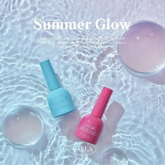 Vibrant neon nail polish bottles against a shimmering water backdrop, showcasing the "Valla Summer Glow" collection. The image highlights the vivid, radiant colors and the refreshing, summer-inspired aesthetic of this Shopify product line.