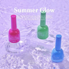 Vibrant nail polish bottles in neon shades, showcasing Valla's Summer Glow collection featuring a range of 8 syrup gel colors. The image highlights the collection's vivid hues and the reflective, water-like background adds a summery, luminous aesthetic.