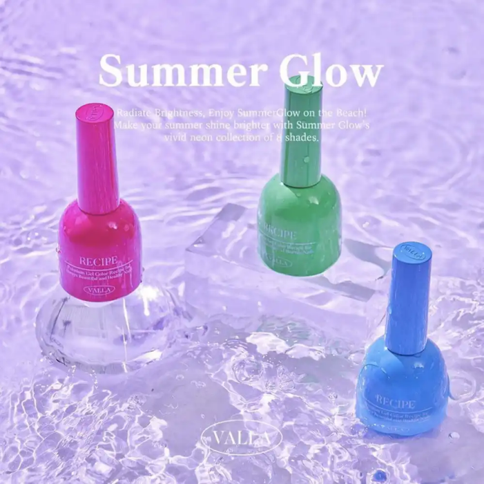 Vibrant nail polish bottles in neon shades, showcasing Valla's Summer Glow collection featuring a range of 8 syrup gel colors. The image highlights the collection's vivid hues and the reflective, water-like background adds a summery, luminous aesthetic.