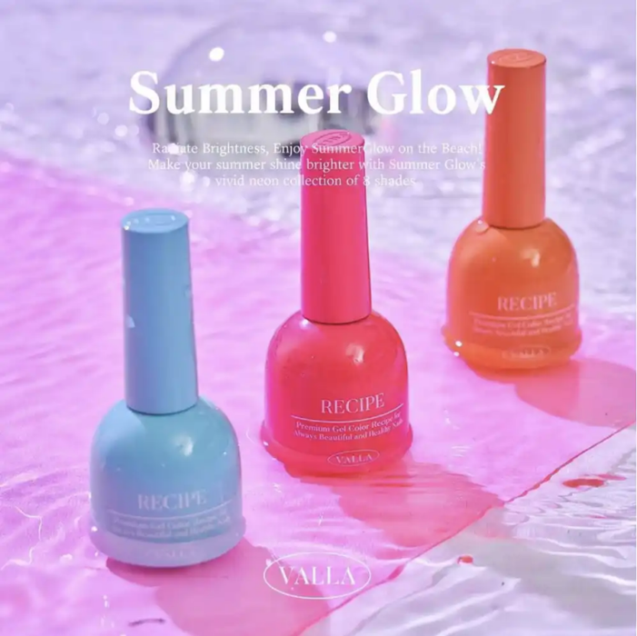 Neon nail polish bottles in vibrant summer colors, including a bright pink and an orange-red shade, alongside the "Summer Glow" collection title. The bottles feature the "VALLA" brand logo, highlighting the colorful and eye-catching nature of this nail polish line designed to capture the essence of summer.