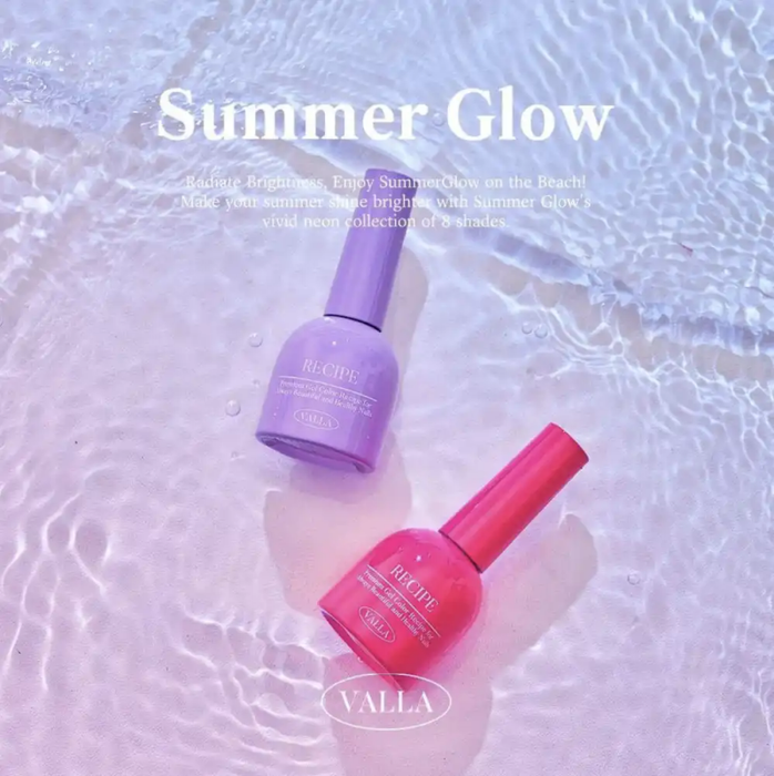 Vibrant neon nail polish bottles in vibrant pink and purple shades, set against a backdrop of shimmering water, perfectly capturing the essence of the "VALLA Summer Glow" collection. The bottles are showcased prominently, highlighting the vivid, summery colors that are sure to add a radiant, sun-kissed glow to any manicure. This image effectively promotes the brand's high-quality, long-lasting gel nail polish products that are perfect for the war