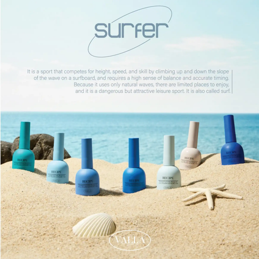 Colorful gel nail polish bottles arranged on a sandy beach, surrounded by seashells, with the word "Surfer" prominently displayed, evoking the ocean-inspired Valla Surfer Collection.