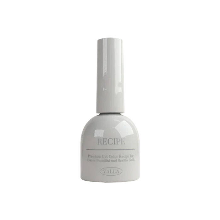 A polished, glossy nail polish bottle in a soft, pastel pink shade, part of the VALLA Dewy Collection. The bottle features a cylindrical design with a smooth, reflective surface, capturing the essence of the brand's "silky effect" and "high quality smooth cat eye" formulation.