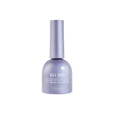 Close-up of VALLA's premium gel color MZ17 nail polish in Magnetic Recipe, showcasing the unique violet hue. The bottle is labeled 'RECIPE' to emphasize the special formulation designed for always beautiful and healthy nails