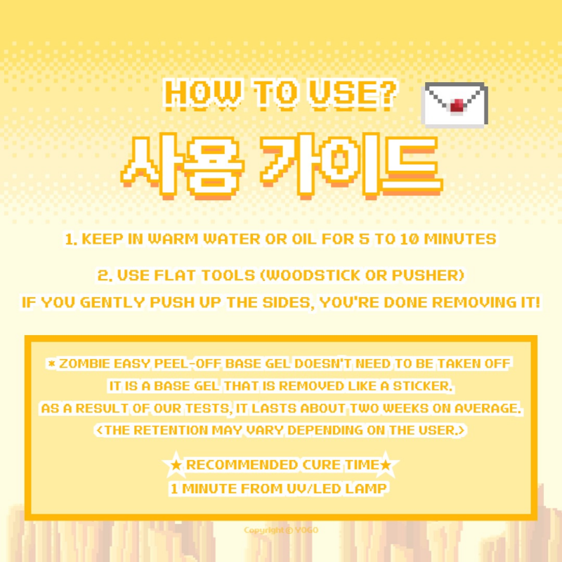 Detailed alt text: The image showcases the "YOGO Zombie Easy Peel-Off Base Gel" product, highlighting its unique features such as a non-wipe, glassy finish that can last up to six weeks. The text provides step-by-step instructions on how to use the product, emphasizing the ease of application and the recommended cure time of 1 minute under a UV/LED lamp. The image also prominently features the YOGO brand name, reinforcing the product's identity.