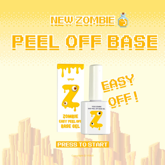 YOGO Zombie Easy Peel-Off Base Gel. The image depicts a vibrant and eye-catching product packaging for a nail gel product, featuring a zombie-themed design with bold, pixelated graphics and a clear, glossy bottle showcasing the product itself. The text highlights the key features of the "YOGO Zombie Easy Peel-Off Base Gel," including its medium viscosity, non-wipe, and glassy finish that lasts up to six weeks.