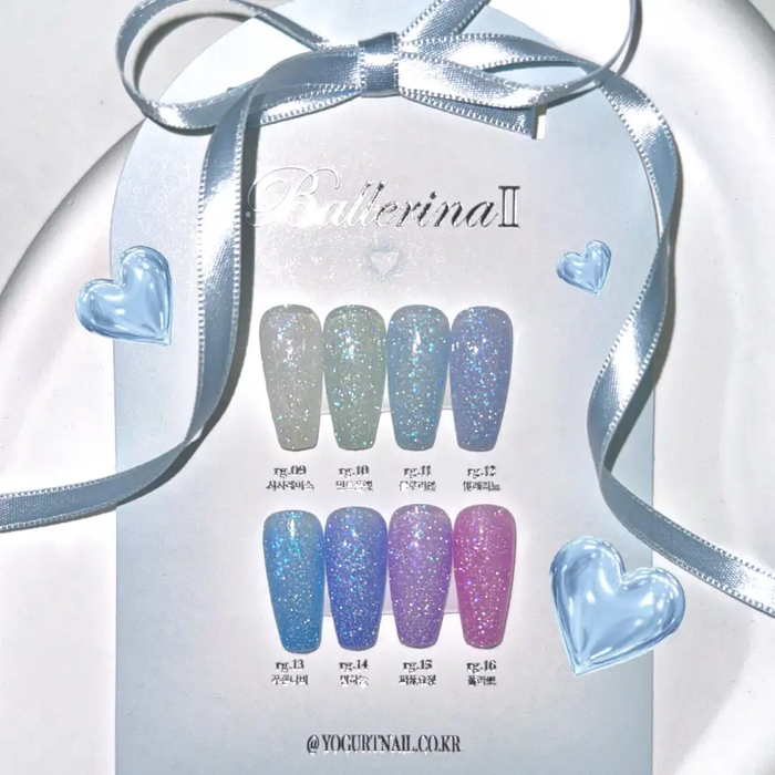 Tropical mermaid inspired nail polish collection featuring vibrant, reflective shades that shine brightly under light. Showcases 8 individual gel polish colors in the Ballerina 2 Collection by the Shopify brand.