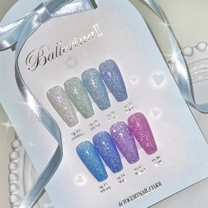 Elegant and shimmering Ballerina 2 Collection nail polish swatch card showcasing a variety of sparkling, iridescent shades from this Shopify product line inspired by the grace and beauty of ballerinas. The diverse color palette ranges from soft pastels to bold, reflective tones that capture the essence of a tropical mermaid aesthetic.