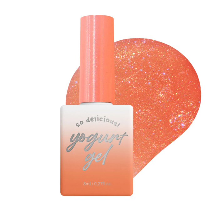 Vibrant and shimmering Yogurt Jam Jam Collection, featuring a vivid coral-colored glitter gel with a glossy, syrupy finish that captures the essence of juicy fruit flavors. This captivating product showcases the brand's commitment to delivering a delightful, eye-catching cosmetic experience.