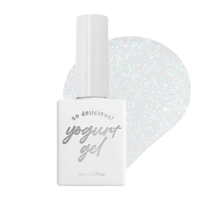 The alt text for this image could be: "Glittering syrup gels in a variety of vibrant fruit flavors, presented in a stylish Shopify product image for the 'Yogurt Jam Jam Collection 8pcs/set' offering from the brand.